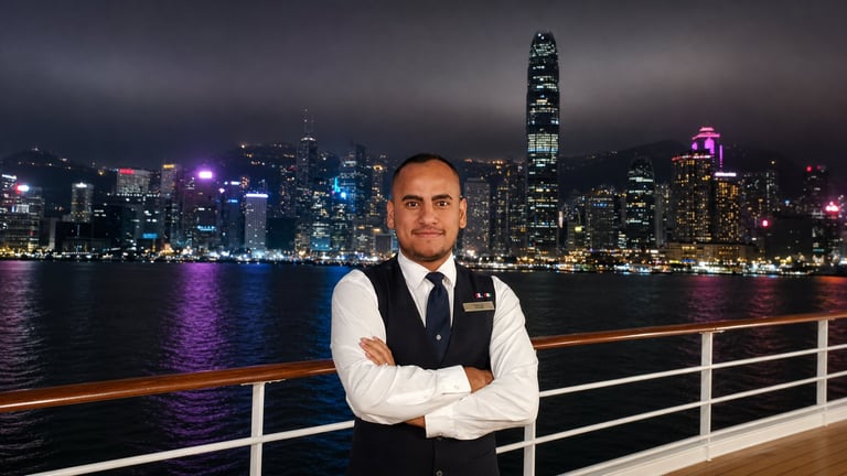Man in business attire with arms crossed posing on a waterfront deck, cityscape with illuminated buildings reflected in water at night