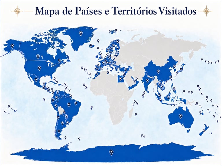 World map showing visited countries and territories highlighted in blue with compass rose decoration