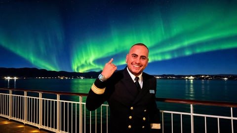 Man in formal navy blazer waving at camera with green Northern Lights aurora borealis glowing in night sky over water behind him